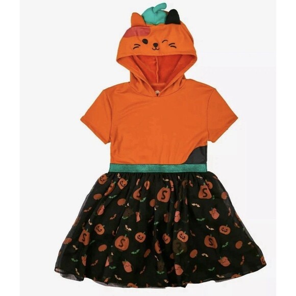 Squishmallows Orange & Black Pumpkin Cat Hooded Cosplay Halloween Dress S(6-7) - Picture 1 of 7